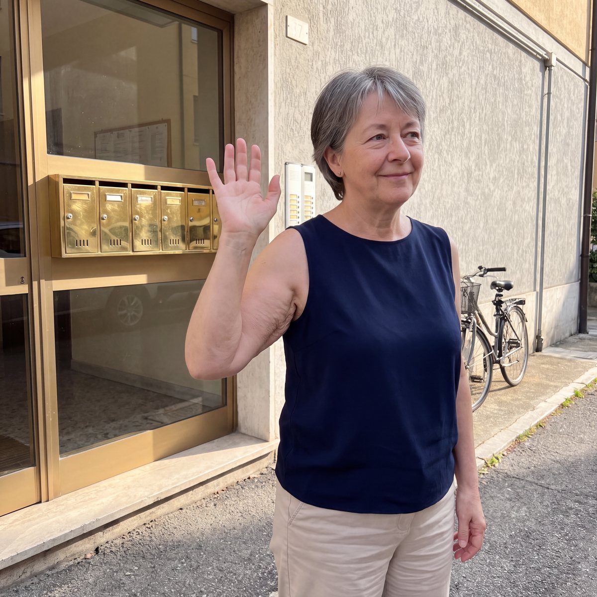 Donna che saluta con il gomito stretto al corpo