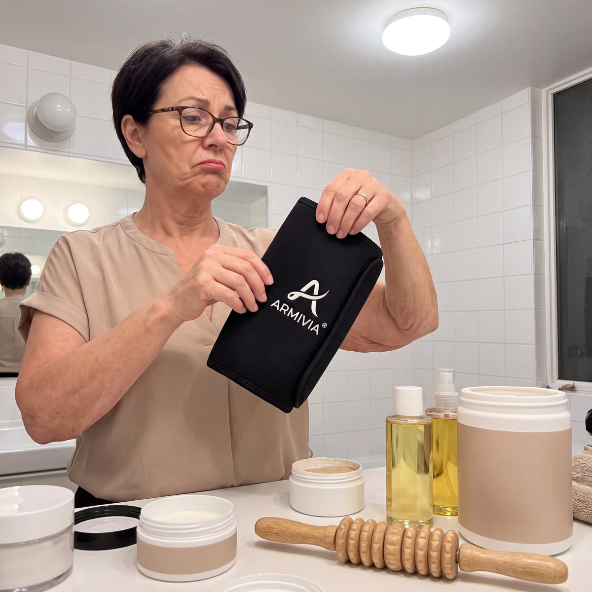 Donna scettica con il manicotto in mano davanti ai barattoli di crema