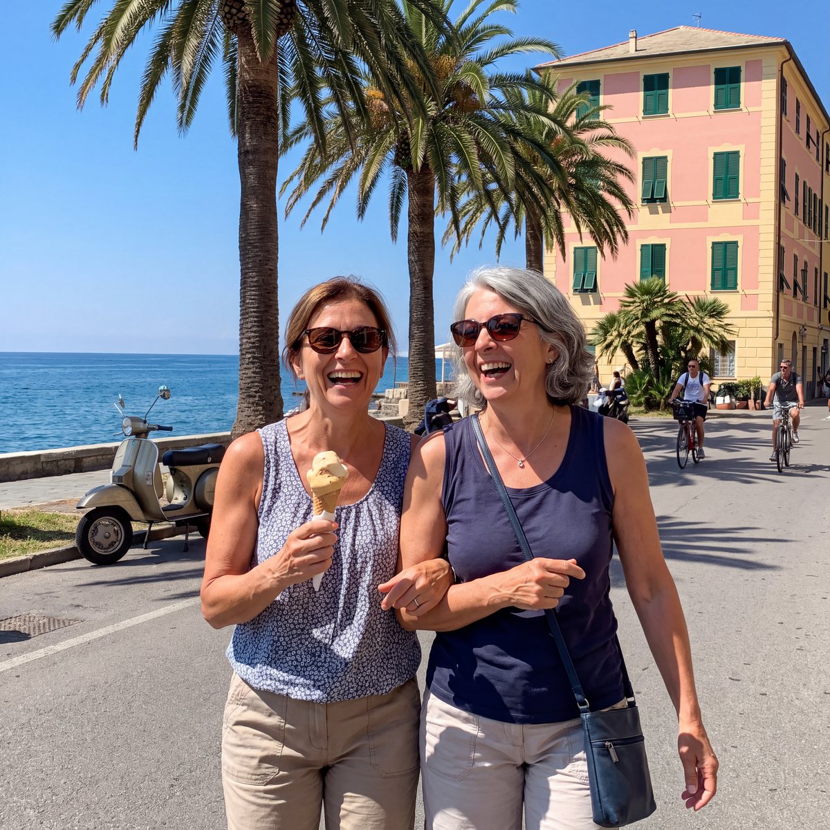 Due amiche a braccetto sul lungomare, in canottiera